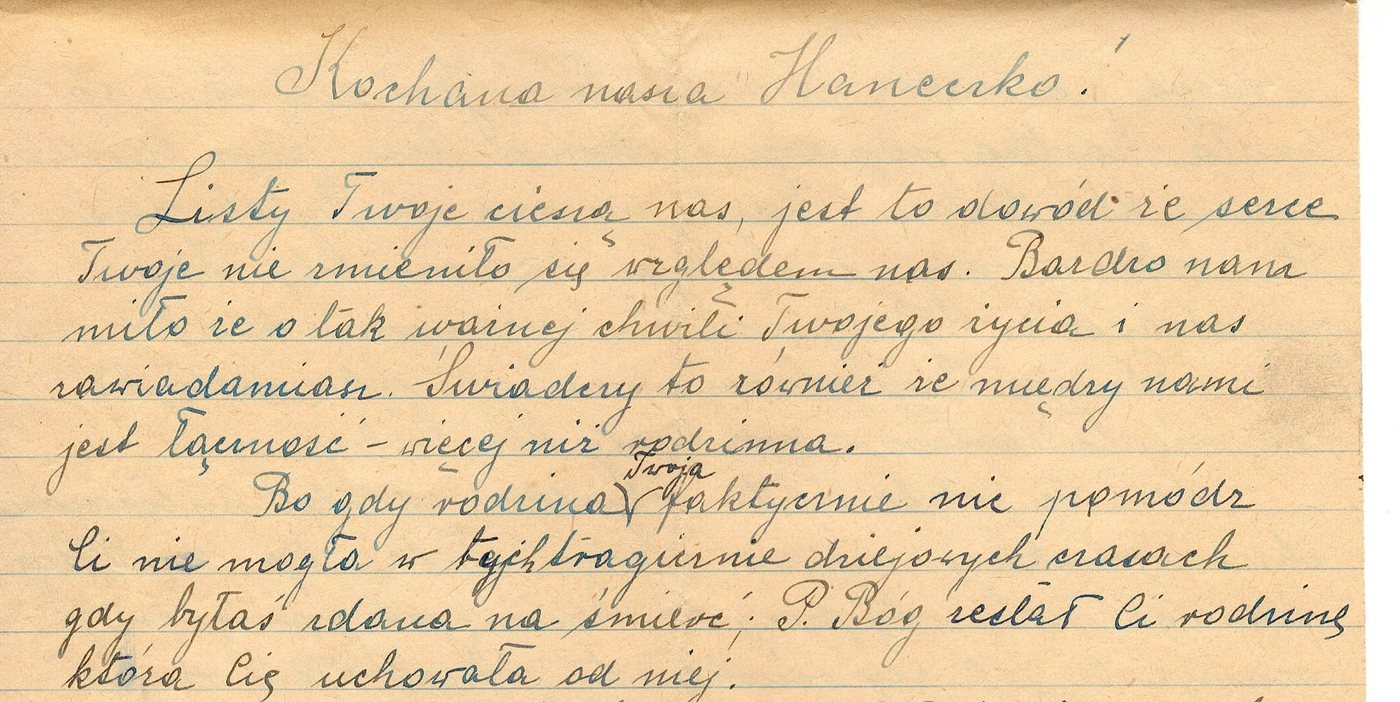 The opening of a handwritten letter in blue-black ink on lined paper, beginning &ldquo;Kochana nasza Haneczko!&rdquo; (&ldquo;Our dear Haneczko!&rdquo;).