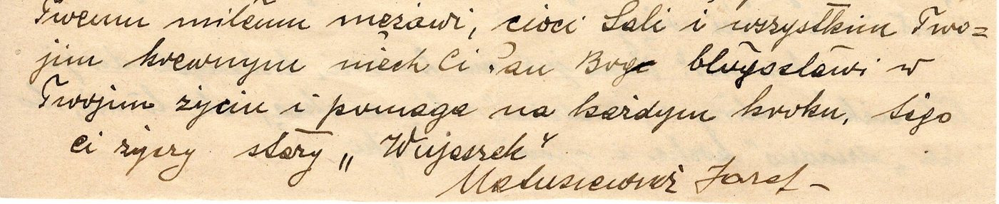 The closing lines of a handwritten letter in Polish, signed &ldquo;Wujaszek&rdquo; and &ldquo;Matusiewicz J&oacute;zef&rdquo;.